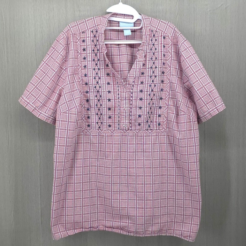Liz & Me Plaid Embroidered Red Cotton Tunic Blouse Cottagecore Womens 2X